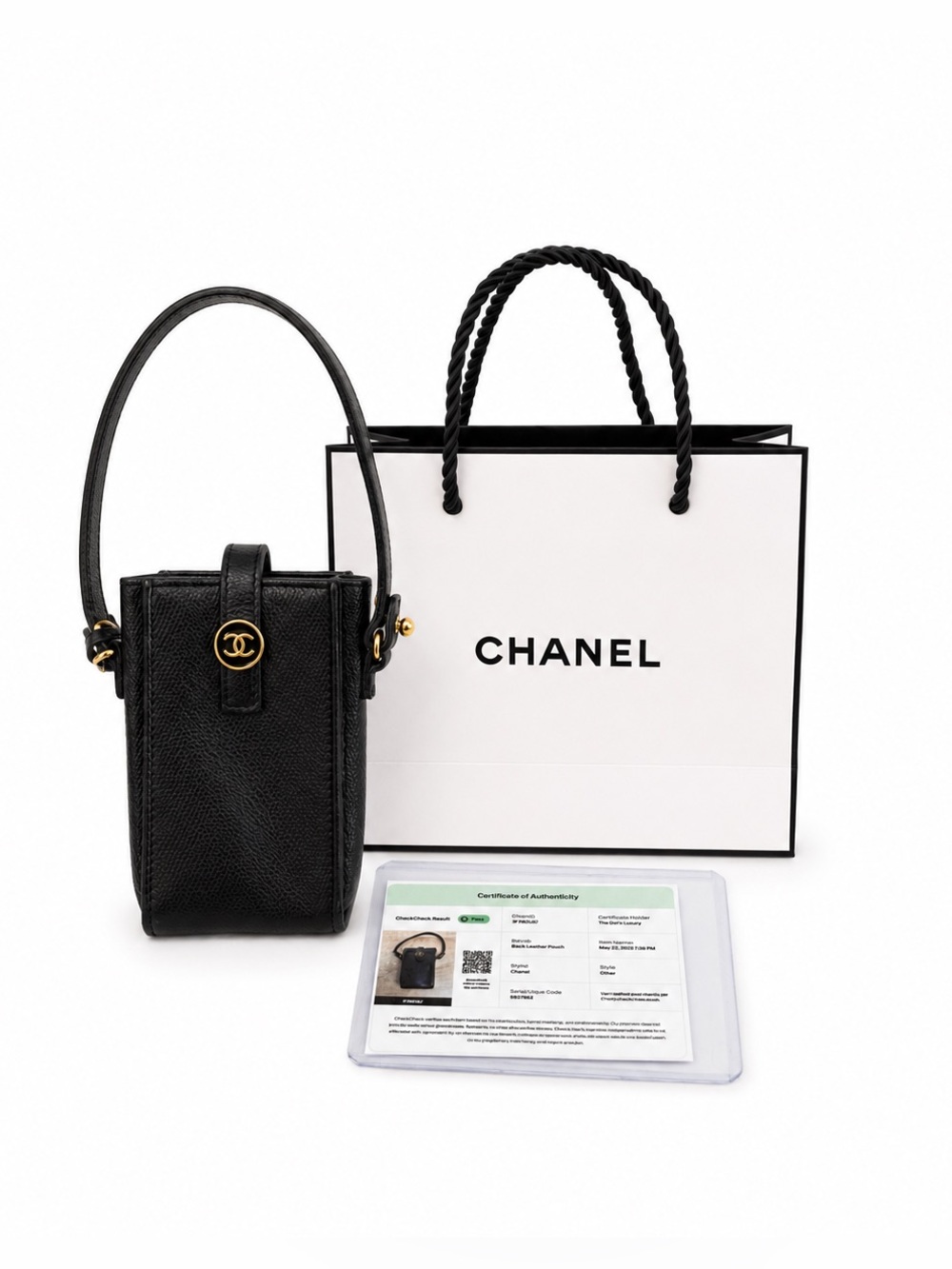 CHANEL Black Leather Vintage Y2K CC Phone Holder / Belt Accessory W/ COA